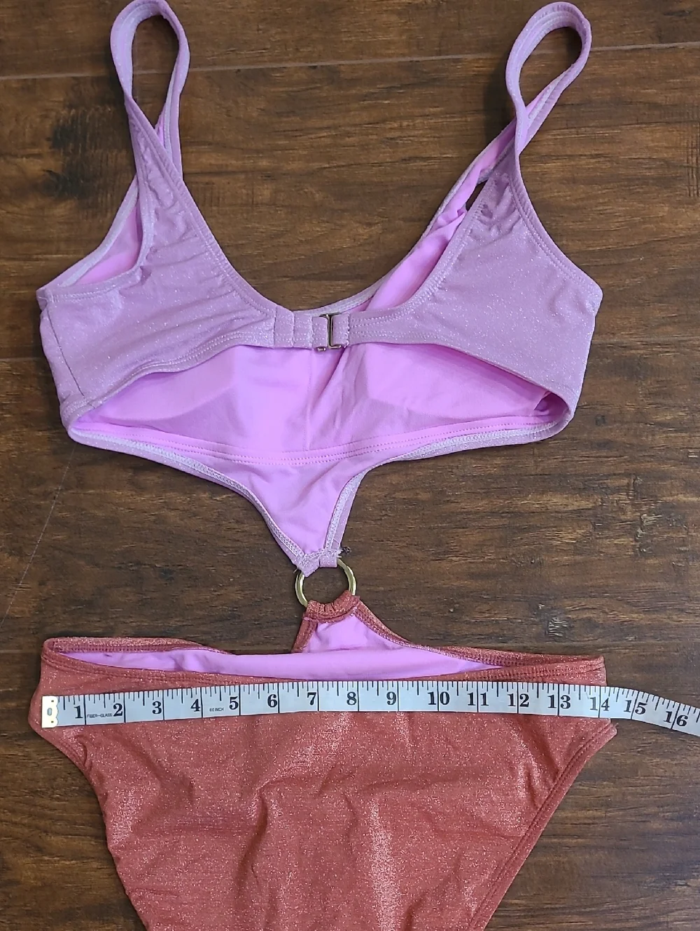 No Boundaries Pink and Rust One Piece Swim Suit w Ring Detail Size Large 11/13